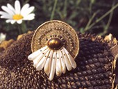 94 |  Brooch, Love Saying, Gold, Silver, Opal Agate, Wing Pearls, 1983 