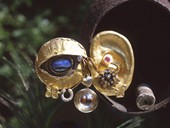 95 |  Brooch, Eye and Ear, Gold, Silver, Opal, Diamond, Ruby, Lady Beetle, Rock Crystal, Pair 1984
