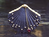63 |  Brooch, AOTEAROA, Gold, Piece of Shell, Diamonds, Ruby, Braille Art, Ocean Art, 1999