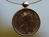 236 - PENDANT | Kiwi Trip, stainless steel, gold, Kiwi two Dollar, diamonds, ruby, two sides, Starlight Coin