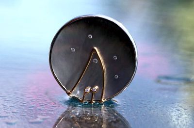 372 Brooch, Dream Trip, stainless steel, gold, piece of shell, diamonds, Ocean Art